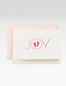 Announce the arrival of a beautiful bundle of joy with this pretty set of 10 scalloped-edge notecards. Blush-hued envelopes complement them perfectly. Set of 10 notecards3.8W X 5.2HMade in USA Announce the arrival of a beautiful bundle of joy with this pretty set of 10 scalloped-edge notecards. Blush-hued envelopes complement them perfectly. Set of 10 notecards3.8W X 5.2HMade in USA
