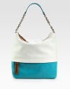 Two-tone calfskin and pebble-grain style crafted in a shoulder bag silhouette.Leather and chain shoulder strap, 6¾ dropTop zip closureOne outside zip pocketOne inside zip pocketOne inside open pocketLinen lining12¼W X 13H X 5¼DMade in Italy