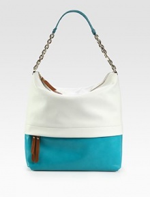 Two-tone calfskin and pebble-grain style crafted in a shoulder bag silhouette.Leather and chain shoulder strap, 6¾ dropTop zip closureOne outside zip pocketOne inside zip pocketOne inside open pocketLinen lining12¼W X 13H X 5¼DMade in Italy Two-tone calfskin and pebble-grain style crafted in a shoulder bag silhouette.Leather and chain shoulder strap, 6¾ dropTop zip closureOne outside zip pocketOne inside zip pocketOne inside open pocketLinen lining12¼W X 13H X 5¼DMade in Italy
