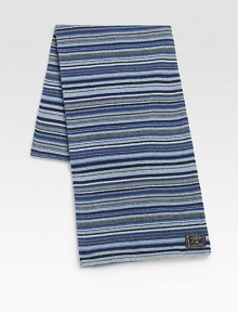 Signature stripes define this cold weather staple, shaped in a rich wool blend with logo patch detail.10W x 71L35% viscose/29% lambswool/20% nylon/8% angora/8% cashmereDry cleanMade in Italy Signature stripes define this cold weather staple, shaped in a rich wool blend with logo patch detail.10W x 71L35% viscose/29% lambswool/20% nylon/8% angora/8% cashmereDry cleanMade in Italy