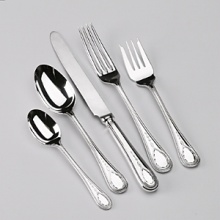 Inspired by the work of a famous woman silversmith, Hester Bateman (1709-1794). The pattern features an exclusive etched design in pearl drop fashion with finely detailed beading along the handle. Bateman makes a statement on any formal table. Inspired by the work of a famous woman silversmith, Hester Bateman (1709-1794). The pattern features an exclusive etched design in pearl drop fashion with finely detailed beading along the handle. Bateman makes a statement on any formal table.