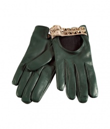 Ladylike luxe meets edgy elegance with Valentinos ultra-chic green driving gloves - Artfully crafted from sumptuously supple leather and punctuated with two rows of gold-tone studs - Classically slim, second-skin fit - Cut out detail and adjustable buckle closure - Pair with a moto jacket and pencil skirt, jeans and a poncho or slim trousers and a trench Ladylike luxe meets edgy elegance with Valentinos ultra-chic green driving gloves - Artfully crafted from sumptuously supple leather and punctuated with two rows of gold-tone studs - Classically slim, second-skin fit - Cut out detail and adjustable buckle closure - Pair with a moto jacket and pencil skirt, jeans and a poncho or slim trousers and a trench
