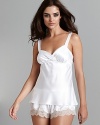 Feel like a true diva in this camisole and short pajama set with chantilly lace trim and gold thread detail.