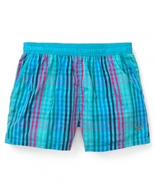 A handsome, vibrant check pattern characterizes these shorter swim trunks, perfect for grabbing that extra bit of sun. A handsome, vibrant check pattern characterizes these shorter swim trunks, perfect for grabbing that extra bit of sun.