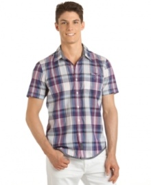 Add crisp, traditional cool to your wardrobe with this Phoenix plaid shirt from Calvin Klein Jeans.