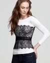 A sleek color block crewneck enlivened by contrast lace details--it's the tops.