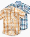 Perk up with plaid. He'll look as cheery as he feels in this comfortable shirt from Akademiks.
