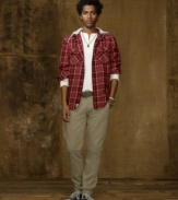 With a vintage look and feel, a plaid shirt conjures old workwear style with a comfortable fleece hood for added warmth.