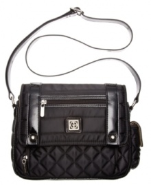Chic with shiny patent and matte quilting accents, this flap bag from Giani Bernini also features two exterior pockets beneath the flap for easy access to everyday essentials. Chic with shiny patent and matte quilting accents, this flap bag from Giani Bernini also features two exterior pockets beneath the flap for easy access to everyday essentials.