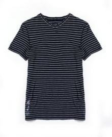 Line up for style. This striped t-shirt from Armani ups your casual cool. Line up for style. This striped t-shirt from Armani ups your casual cool.