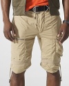Metal zippers and grommets give a modern moto-inspired look to an essential cargo short in lightweight cotton poplin.