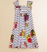 She'll never want to remove this flouncy, frilly frock with a smocked bodice, colorful floral detail and contrasting stripes.Square neckline with ruffle trimWide straps with ruffle trimPullover styleSmocked bodiceFull skirt95% viscose/5% elastaneMachine washImported