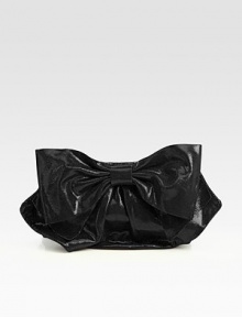 An oversized bow shapes the front of this darling bag, crafted from laminated calfskin in a convertible silhouette.Chain shoulder strap, 24 dropFlap snap closureOne inside zip pocketCotton lining11W X 7¼H X 1/2DMade in Italy An oversized bow shapes the front of this darling bag, crafted from laminated calfskin in a convertible silhouette.Chain shoulder strap, 24 dropFlap snap closureOne inside zip pocketCotton lining11W X 7¼H X 1/2DMade in Italy