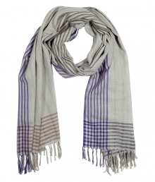Stylish scarf in fine, pure pale grey cotton - Elegant stripe motif in rich shades of charcoal, purple and maroon - Supremely soft, tissue-weight fabric - Fringe detail at hem - Generously proportioned, drapes beautifully - A polished compliment to any number of streamlined styles - Pair with a t-shirt and blazer, a pullover and chinos or jeans and a henley Stylish scarf in fine, pure pale grey cotton - Elegant stripe motif in rich shades of charcoal, purple and maroon - Supremely soft, tissue-weight fabric - Fringe detail at hem - Generously proportioned, drapes beautifully - A polished compliment to any number of streamlined styles - Pair with a t-shirt and blazer, a pullover and chinos or jeans and a henley