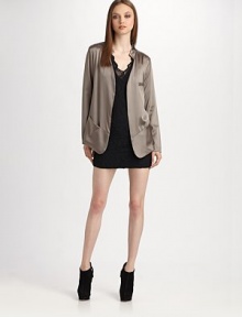 Lustrous silk-rich design in an on-trend length with slash pockets and a hint of stretch. Open front Slash pockets About 26 from shoulder to hem 90% silk/10% elastane Dry clean Made in USA of imported fabric Lustrous silk-rich design in an on-trend length with slash pockets and a hint of stretch. Open front Slash pockets About 26 from shoulder to hem 90% silk/10% elastane Dry clean Made in USA of imported fabric