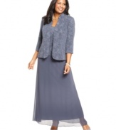 Lovely and luxurious, this plus size Alex Evenings dress has the illusion of three separate pieces in one romantic look.