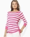 Bold stripes grace the front of a three quarter sleeve tee, crafted with an elegant ballet neckline and drawcord detailing at the hem to create chic ruching