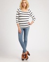 Lightweight rib-knit in an easy pullover style finished in bold, nautical-inspired stripes.ScoopneckThree-quarter raglan sleevesFlat frontRayonDry cleanMade in USAModel shown is 5'9½ (176cm) wearing US size Small.