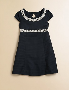 Dainty lace trim, cap sleeves and princess seaming make this woven frock a little girl's wardrobe must-have.ScoopneckCap sleevesBack keyhole button and zipperWaistband with lace trimPrincess seamsFlared skirtFully linedCottonMachine washImported Dainty lace trim, cap sleeves and princess seaming make this woven frock a little girl's wardrobe must-have.ScoopneckCap sleevesBack keyhole button and zipperWaistband with lace trimPrincess seamsFlared skirtFully linedCottonMachine washImported
