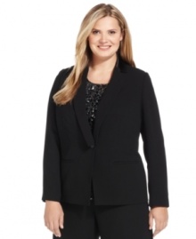 Sharp tuxedo styling elevates Calvin Klein's plus size blazer, while satin lapels amp up the glamorous look.