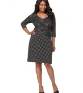 A flattering crisscross front elegantly defines Elementz' three-quarter sleeve plus size dress, featuring a built-in slimming panel-- it's perfect for work!