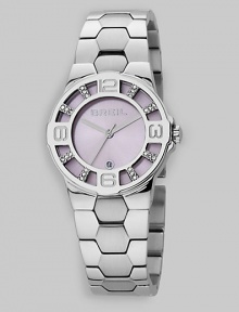 From the Grid Collection. A stainless steel design with hour markers and glimmering Swarovski crystals along the bezel.Swiss quartz movement Water resistant to 5 ATM Numeral and Swarovski crystal hour markers along wide bezel Round stainless steel case, 32mm, (1.25) Sunray dial Date display at 6 o'clock Second hand Stainless steel link bracelet Jewelry buckle closure Imported 