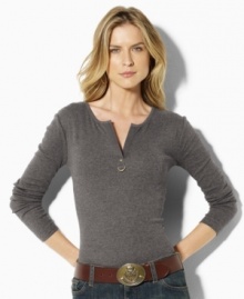 Lauren by Ralph Lauren's soft, finely ribbed cotton top features a split neckline with a polished metal D-ring for a chic modern look. (Clearance)