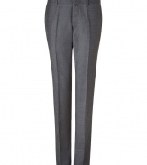 Ultra sleek, these slim wool-and-cashmere pants are an urbane-cool essential - Flat front, belt loops, off-seam pockets, back welt pockets with buttons, creasing at legs - Slim fit, 19cm ankle opening - Style with a matching blazer and a solid button-down for work or play style