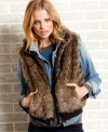 Faux-fur makes a triumphant return this season as a favorite way to add luxe-style to your look. This cozy-chic vest from Dollhouse pairs the sumptuous fabric with faux-leather trims and a banded hem for a body conscious fit.