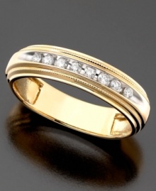 This two-tone band is the perfect stylish accent for the well-groomed gentleman. A channel of round-cut diamonds (1/5 ct. t.w.) set in 14k white gold is offset by the luster of 14k yellow gold. This two-tone band is the perfect stylish accent for the well-groomed gentleman. A channel of round-cut diamonds (1/5 ct. t.w.) set in 14k white gold is offset by the luster of 14k yellow gold.
