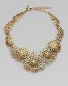 A beautifully intricate, filigree design in an organic shape. Brass and pewterLength, about 16½ to 20½Brass feather encasementLobster clasp closureMade in USA