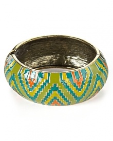 Tap into the tribal accessories trend with Aqua's patterned enamel bangle. This wrist piece pair boasts far flung appeal, so it give day-to-day looks exotic glamour. Tap into the tribal accessories trend with Aqua's patterned enamel bangle. This wrist piece pair boasts far flung appeal, so it give day-to-day looks exotic glamour.