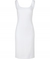 Luxe dress in fine, white cotton stretch blend - Sheath style hits just above the knee and creates a flattering, curve-hugging silhouette - Fitted, sleeveless bodice with wide, round neckline - The sexy, standout details: criss cross straps and long zip at back - Perfect for parties, dressy luncheons and evenings out - Pair with strappy sandals or classic pumps and a colorful clutch