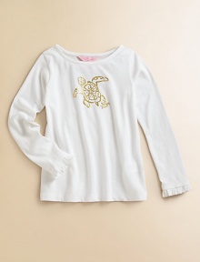 Long-sleeve crewneck with sparkly turtle print on the front, styled with feminine ruffle cuffs. Crewneck Sparkly turtle print Long sleeves with ruffle trim at cuffs Cotton/modal Machine wash Imported Long-sleeve crewneck with sparkly turtle print on the front, styled with feminine ruffle cuffs. Crewneck Sparkly turtle print Long sleeves with ruffle trim at cuffs Cotton/modal Machine wash Imported