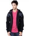 With unique faux leather overlay, this Marc Ecko Cut & Sew hoodie is cool style all around.
