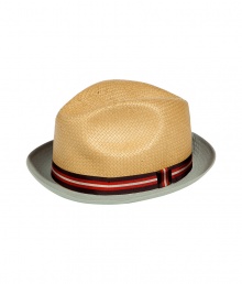 Stylish beige mens woven paper hat - A modern spin on the classic Trilby - Chic contrast cotton brim - Elegant striped grosgrain band in shades of black, red and white - A slick, go-to accessory this season and indispensable warm weather must