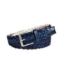 Casual cool is a cinch with Paul Smiths rich blue belt - Supple plaited leather and classic silver-tone square buckle - Contrast cream inner - Versatile, medium width style ideal for any number of occasions - Pair with chinos, jeans or shorts