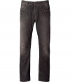 Perfectly worn-in grey slim cut jeans - A great downtown-approved addition to any outfit - Pair with a plaid button down shirt and brogues for retro sophistication - Try with rugged motorcycle boots and a leather jacket for an edgy urbane look