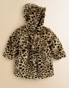 Allover leopard print and frilly pom pom details adorn this plush faux fur construction.HoodedFront button closureFully linedAcrylic/polyesterMachine washImported