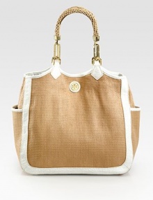 A subtly textured carryall, perfect for spring, in straw and sleek leather with a chic logo medallion. Straw double top handles, 8 dropMagnetic snap closureTwo outside open pocketsOne inside zip pocketTwo inside open pocketsCanvas lining14W X 12½H X 6DImported A subtly textured carryall, perfect for spring, in straw and sleek leather with a chic logo medallion. Straw double top handles, 8 dropMagnetic snap closureTwo outside open pocketsOne inside zip pocketTwo inside open pocketsCanvas lining14W X 12½H X 6DImported