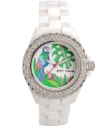 Take a minute and escape to the rainforest. Watch by Betsey Johnson crafted of white ceramic bracelet and round case. Silver tone bezel embellished with crystal accents. White dial features multicolored parrot, green leaves, luminous hour and minute hands, signature fuchsia second hand and logo. Quartz movement. Water resistant to 50 meters. Two-year limited warranty.