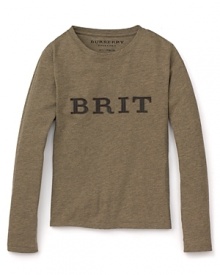 Luxe leather spells out Burberry's signature BRIT lettering on the front of this classic crewneck tee.