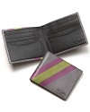 An ultra mod billfold in quality leather, adorned with diagonal racing stripes on the outside and 4 credit card slots and cash slot on the interior.
