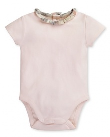Baby's first Burberry, an adorable bodysuit with woven check collar. Baby's first Burberry, an adorable bodysuit with woven check collar.