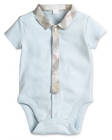 Bring up baby in Burberry: a soft blue bodysuit trimmed with classic plaid. Bring up baby in Burberry: a soft blue bodysuit trimmed with classic plaid.