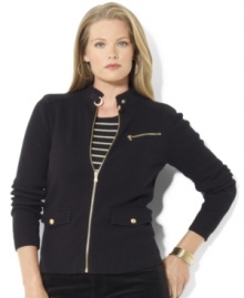 Drawing inspiration from the classic motorcycle jacket, Lauren Ralph Lauren's soft cotton plus size cardigan is lent modern edge from an eye-catching throat latch and angled zip pocket at the chest.