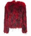 Exquisitely luxurious and equally dramatic, Balmains two-tone fur jacket is an of-the-moment investment guaranteed to add a high-octane edge to your outfit - Collarless, long sleeves, zippered cuffs, metal front zip with red leather trim and logo stud - Short, tailored silhouette - Team with everything from leather leggings and ankle boots to tailored sheath dresses and sky-high platform pumps