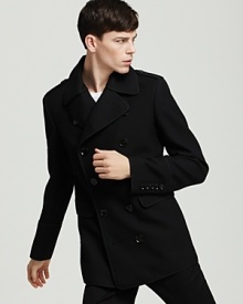 A classic peacoat never ages. Choose timeless quality and superior construction with Burberry's Dalemain peacoat, an iconic option in black wool. A classic peacoat never ages. Choose timeless quality and superior construction with Burberry's Dalemain peacoat, an iconic option in black wool.