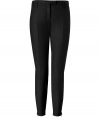 Stylish pant in fine, black cotton stretch blend - On-trend, modified chino cut with straight legs and chic zipper embellishment at hem - Crease detail at front flatters and elongates the silhouette - Tab waist and belt loops - Slash pockets at sides, welt pockets at rear - Medium low rise - Classically chic and comfortable, ideal for both work and play - Pair with a blouse, blazer and heels, or go for a more casual look with a t-shirt oversize cardigan and ballet flats