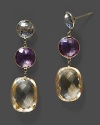 Citrine and green and pink amethyst drop earrings in yellow gold.